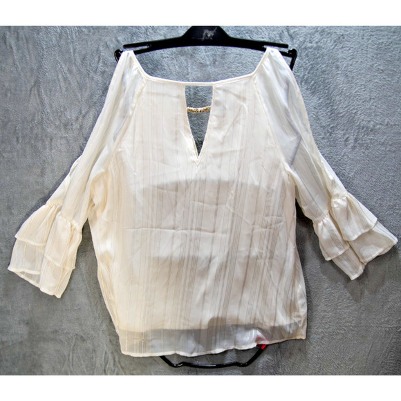 Jay Jay Cold Shoulder White Chiffon Blouse XL Sheer Glitter Trim Bell Sleeve - Picture 7 of 9